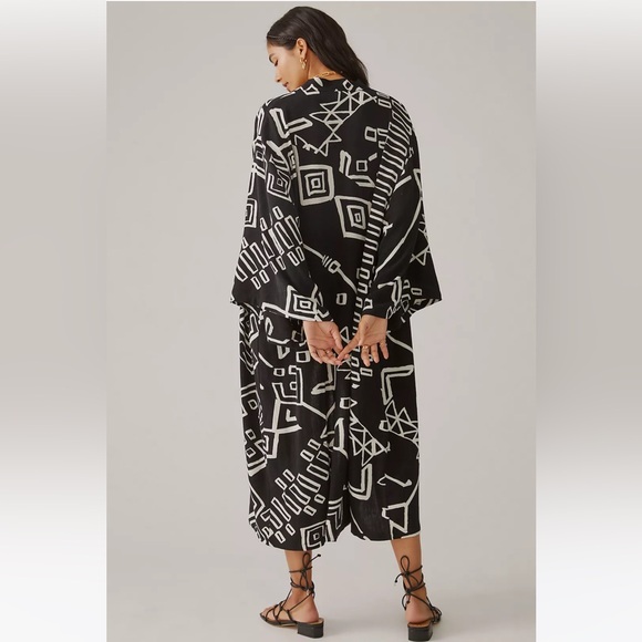 Anthropologie Kimino Inspired Long Sleeve Graphic Duster One Size Linen Blend - Picture 4 of 8